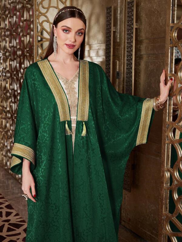 Al Najma Caftán árabe para mujer con parches de cinta tejida y decoración con borlas, abaya de moda musulmana para uso casual/festival/reunión/viaje