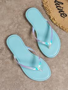 Simple Thin Strap Flip-Flops, Perfect For Summer Beach Vacation - Blue - View 5