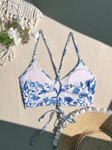 SHEIN Swim Summer Beach Blue And White Porcelain Printed Bikini Top - Blue and White - View 5