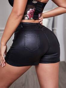 Rave Festival High Waist Stretchy Button Fly Slant Pocket PU Leather Skinny Club Mini Shorts - Black - View 2