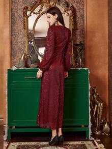 Burgundy Sequined Deep V-Neck Lantern Sleeve Cocktail Dress - Burgundy - View 2