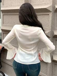 DAZY Bowknot Decorated Flare Sleeve Shirt,Ruffle - White - View 5