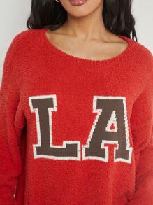 Denimoi Letter Pattern Drop Shoulder Sweater - Red - View 3