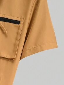 Manfinity Homme Nam Màu thuần Mặt trước Zip Ngắn tay Áo liền quần - Màu Khaki - Xem 5