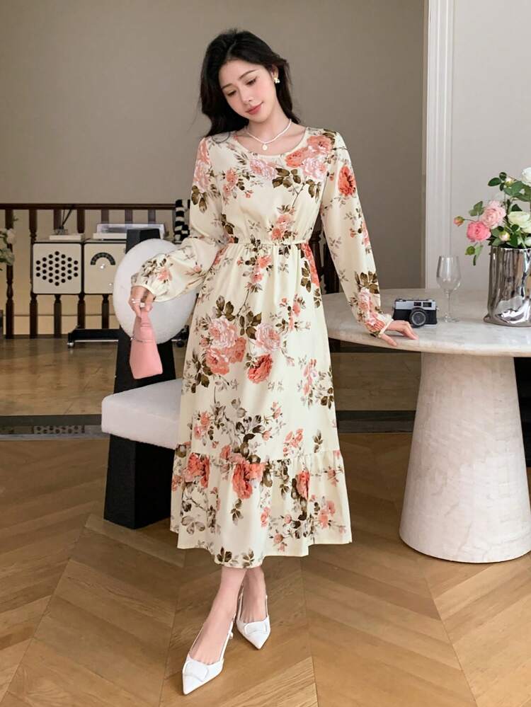 Long Sleeve Round Neck Chiffon Floral Print Dress,Ruffle,Fall Dress Vacation Outfits Women Easter Maxi Dress Boho