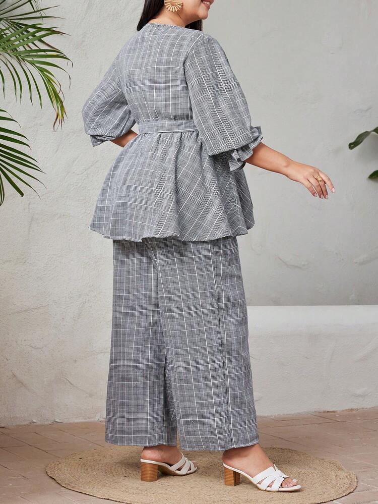 Women's Plus Size Plaid Print Belted Ruffle Sleeve Shirt And Wide Leg Pants Set 2 Piece Set