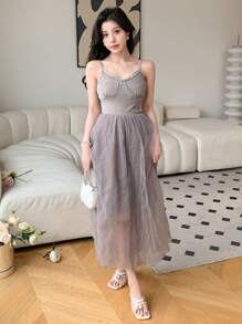 DAZY 网纱拼接无袖连衣裙，休闲女装 - 淺灰色 - 查看 4