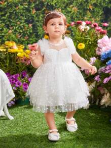 SHEIN 嬰幼女優雅材質彩點網紗洋裝，配褶邊和碎花拼接，公主風格 - 白色 - 查看 2