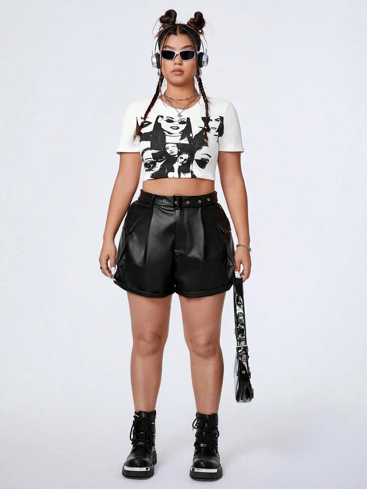 Plus Size Solid Color Pleated Rolled Hem Shorts