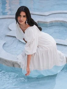 Seusyu Women's Lace Patchwork Puff Sleeve Dress - White - View 1