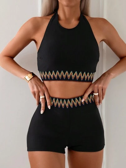 Swim Lushoire Women's Patchwork Wave Weave Strap Bikini Set Separates, Bikini Set Swimwear Bathing Suit Beach Outfit Summer Vacation,Summer Beach