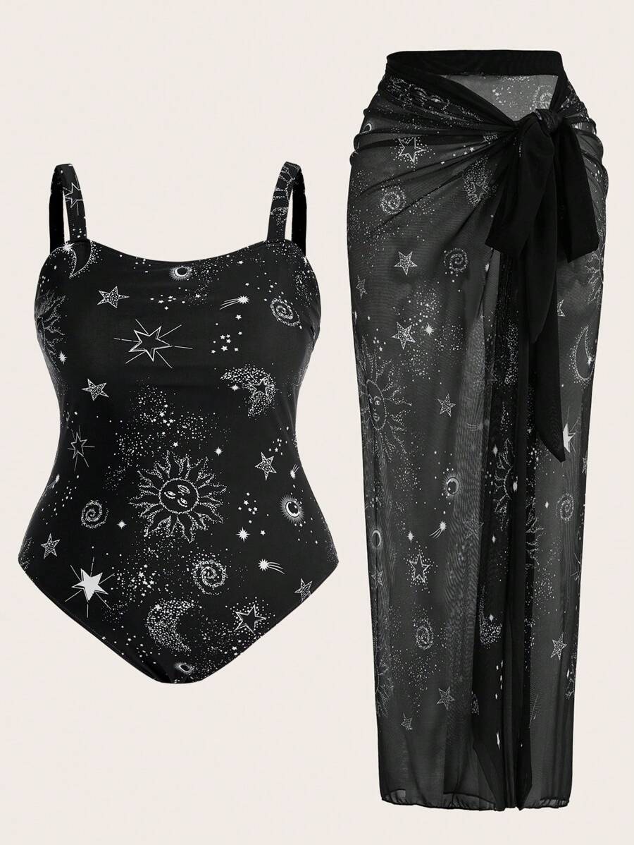 Swim Oasis Plus Size Bãi biển mùa hè Họa tiết ngôi sao và mặt trăng Áo tắm một mảnh có váy che đậy Đồ bơi 2 chiếc - màu đen - Xem 1
