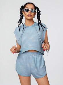 SHEIN EZwear Drawstring Hooded Batwing Sleeve Top And Shorts - Blue - View 7