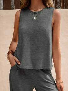 SHEIN LUNE Solid Color Casual Vest And Loose Wide Leg Pants