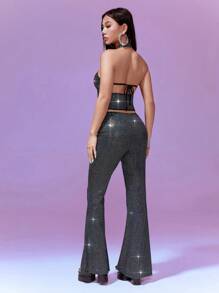 SHEIN Unity Áo hở lưng bóng và quần ống loe cho nữ 2 món/bộ, thích hợp cho buổi hẹn hò ở hộp đêm - Nhiều màu - Xem 2