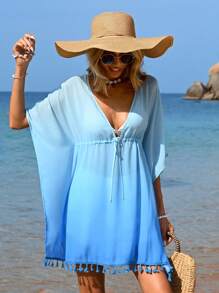 SHEIN VCAY Camisa Larga De Mujer Con Flecos De Cinturón Tejido Para Primavera / Verano, Super Suelta Con Parche Y Volantes Para Vacaciones - Azul - Ver 7