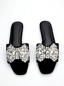 Ladies' Gorgeous Shiny Butterfly Rhinestone Decorated Black Suede Square-Toed Stylish Comfortable Party Flat Sandals Valentines,Spring Summer Outfits - Black - View 4