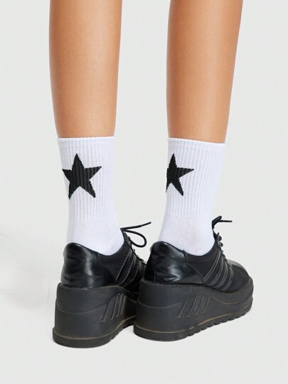 Grunge Punk 1pair Women's White Five-Pointed Star Pattern Casual Mid-Calf Socks For All Seasons