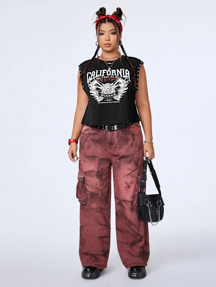 Plus Size Letter Print Motorcycle Wing Design Casual Tank Top