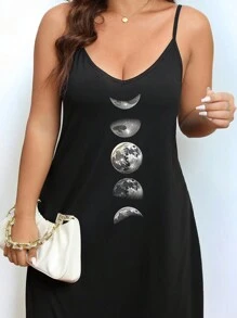 Calvaya Plus Size Women's Spaghetti Strap Dress With Planet Print