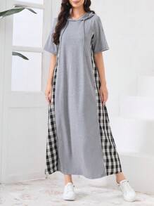 Seusyu 女式格紋拼接束口連帽裙 - 灰色 - 查看 1