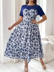 Mulvari Vestido De Talla Grande Con Estampado De Flores De Anacardo Y Parches