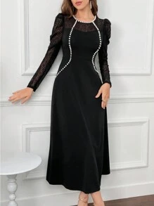 Modelyn Vestido feminino com decote redondo e contraste de renda e manga gigot, roupa maxi feminina, vestidos longos de noite - Preto - Ver 3