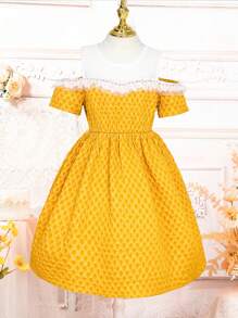 SHEIN Tween Girls' Texture & Pearl & Rhinestone Knit Cami Dress - Yellow - View 1