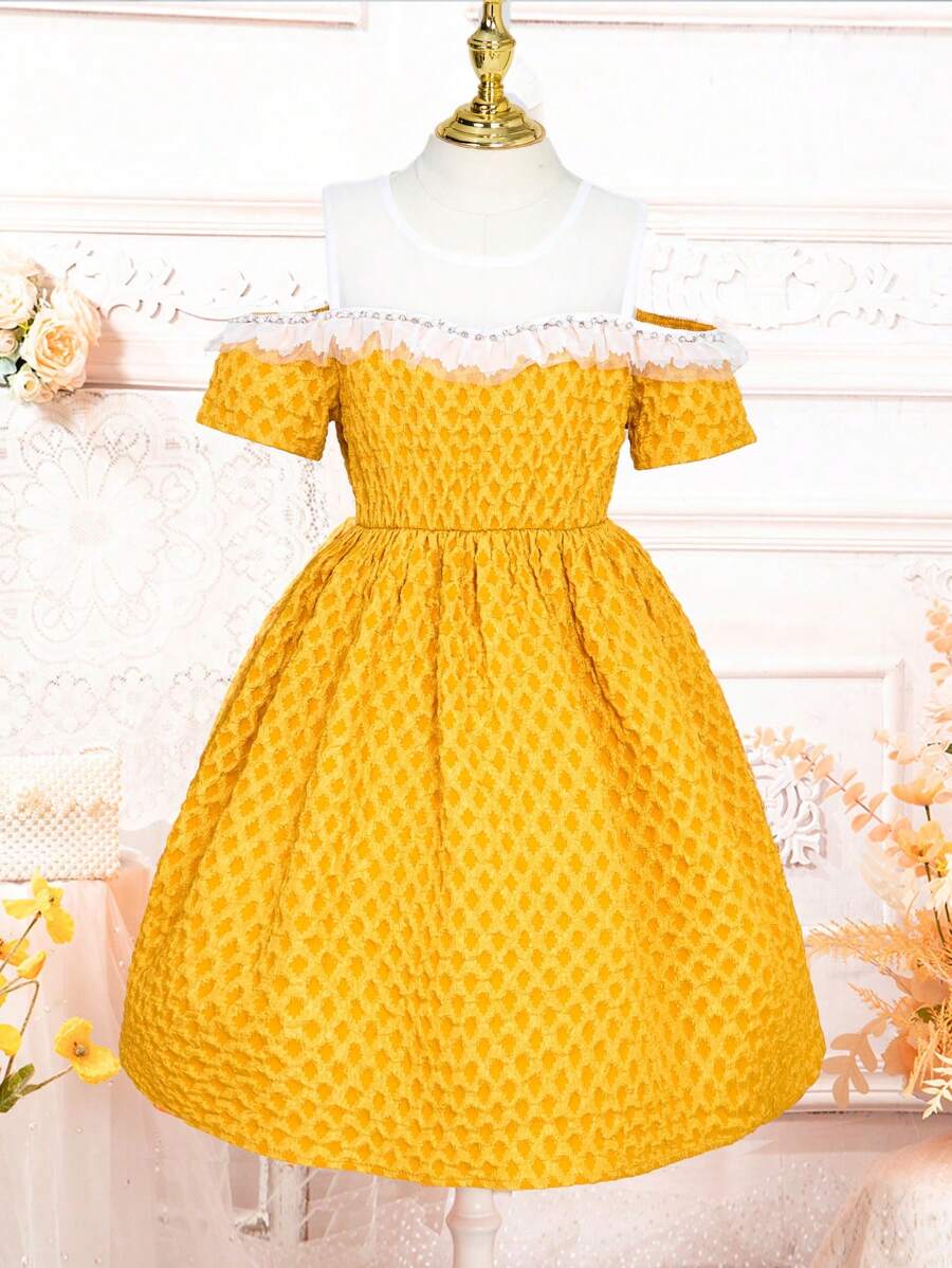 SHEIN Tween Girls' Texture & Pearl & Rhinestone Knit Cami Dress - Yellow - View 1
