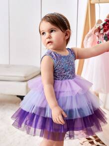 SHEIN Baby Girl Lovely & Mermaid Scale Patterned Multi Layer Mesh Ombre Dress - Purple - View 3