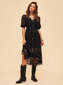Bohemela Solid Color Lace Bubble Sleeve Holiday Dress - Black - View 3