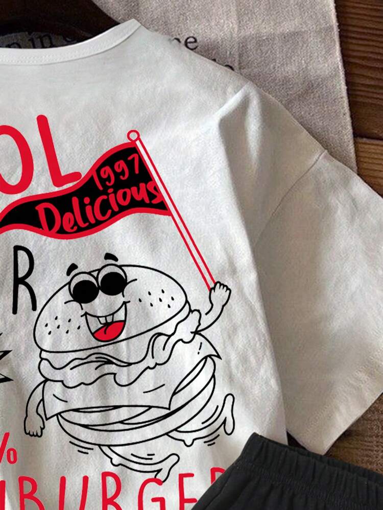 Young Boy Casual Letter & Hamburger Print Short Sleeve Top And Shorts 2pcs/Set Suitable For Summer