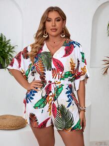 SHEIN VCAY Plus Size Women's Tropical Plant Printed Ruffle Short Sleeve Jumpsuit - Multicolor - View 1