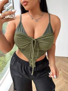 Flirla Plus Size Colorblock Strappy Cami Top With Pleated Asymmetric Hem - Multicolor - View 4