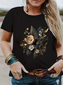 INAWLY Plus Size Floral Print Short Sleeve T-Shirt Graphic Tees Women Tops