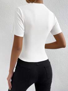 Allurite Solid Color Slim Fit T-Shirt With Stand Collar And Pleats Detail - White - View 2