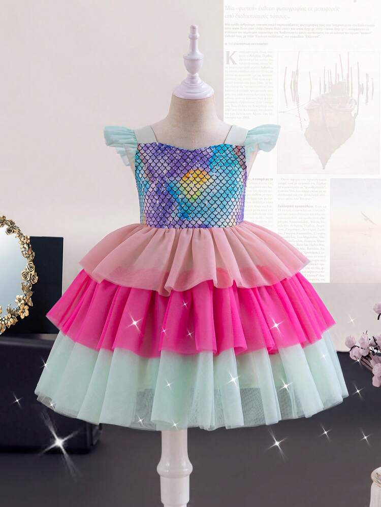 Young Girl Wedding Season Scaly Fish Print Contrast Mesh Layered Dress With Cap Sleeves