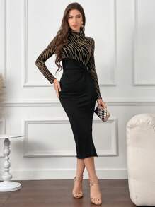 Modelyn Sukienka damska z paskiem zebry, stójką, długim rękawem, rozcięciem z boku, skręcona talia, dopasowana, z nadrukiem foliowym, elegancka wieczorowa sukienka na imprezę, eleganckie rozcięcie damskie, rozcięcie na udzie, skręcona długa rękaw, stójka, dopasowany krój, długie czarne, z regularnym rękawem, graficzna, dopasowana, damska, długie sukienki, wiosna/jesień, codzienny strój maxi, długie wieczorowe sukienki