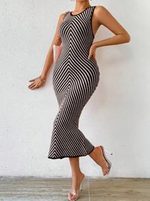 Chiquease Của phụ nữ Thon gọn Khối màu Sọc Đầm Áo len Với Nàng tiên cá Hem - Đen và trắng - Xem 4