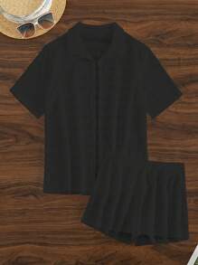 SHEIN Swim Summer Beach 2pcs/Set Solid Color Loose Texture Casual Cover Up - Black - View 7