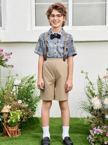 SHEIN 2 Stücke/Set Hemd im College-Stil mit elegantem Karomuster und abnehmbarer Hosenträger-Shorts für Tween Jungen