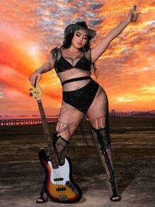 SHEIN SXY Plus Size Rhinestone Decor Fishnet Tank Top And Fringed Hem Skirt - Black - View 6