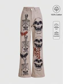 ROMWE Grunge Punk Skull & Butterfly Print Jeans - Apricot - View 1