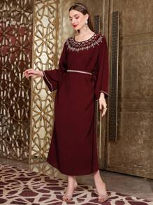 Al Najma Burgundy Red Batwing Sleeve Dress With Rhinestone Embellishment Kaftan Jalabiya Dress - Burgundy - View 5
