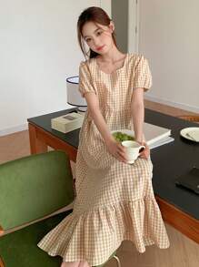 DAZY 女士格紋甜心領短氣泡袖睡衣裙 - 黃色 - 查看 6