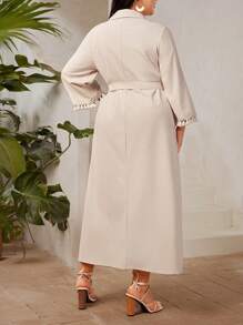 Mulvari Plus Size Button Half Placket Fringe Hem Tassel Dress - Apricot - View 2