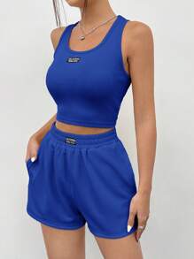 SHEIN EZwear 天藍色格紋細節背心短褲休閒套裝 - 寶藍色 - 查看 3