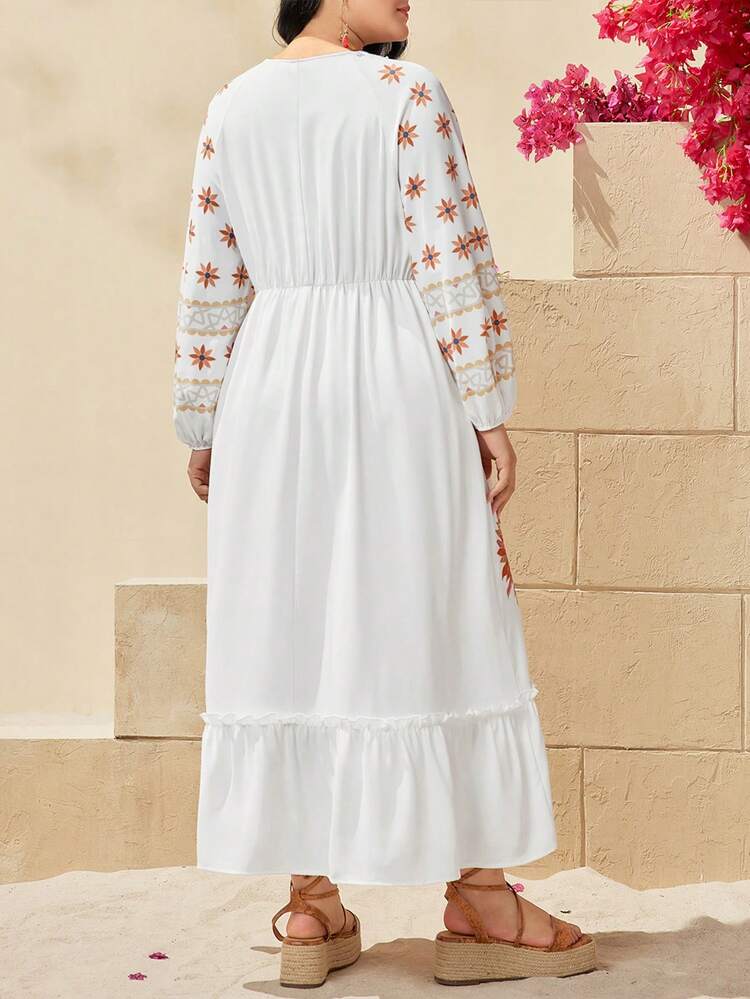 Plus Size Women's Floral Print Lantern Sleeve V-Neck Dress