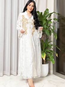 Al Najma Color Blocking Embroidered Patchwork Notched Neck Long Sleeve Jalabiya Dress Eid Dress, Modest Kaftan