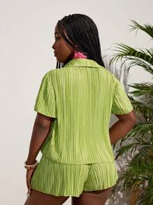 Slaydiva Holiday Style Tuck Detail Stripe Shirt And Shorts Set For Women - Green - View 2